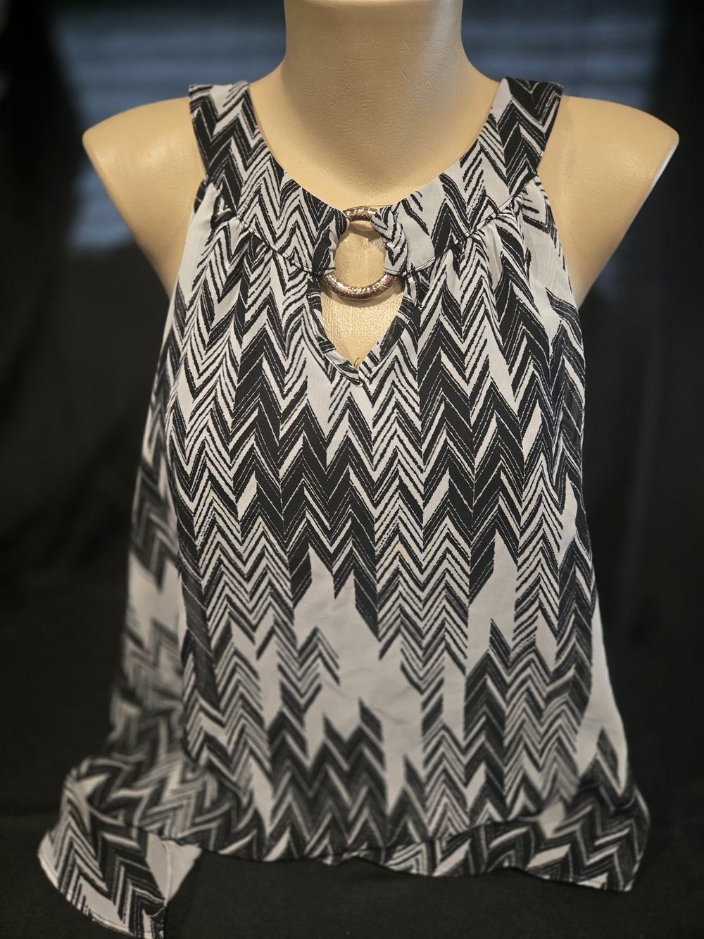 Iz Byer Black and White Chevron Halter Crop Top with Ring Accent
